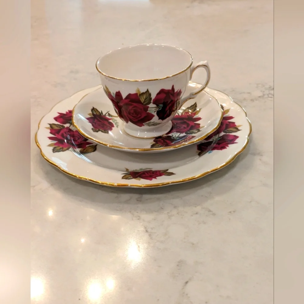 Red Rose Trio - Teacup, Saucer And Tea Plate.